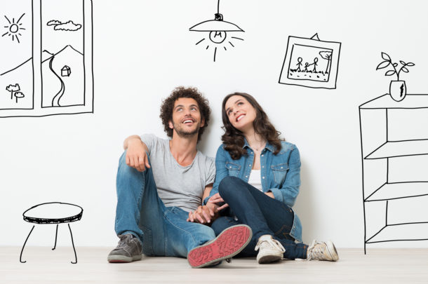 18 First Front Door Program Banner couple sitting with furniture drawing background
